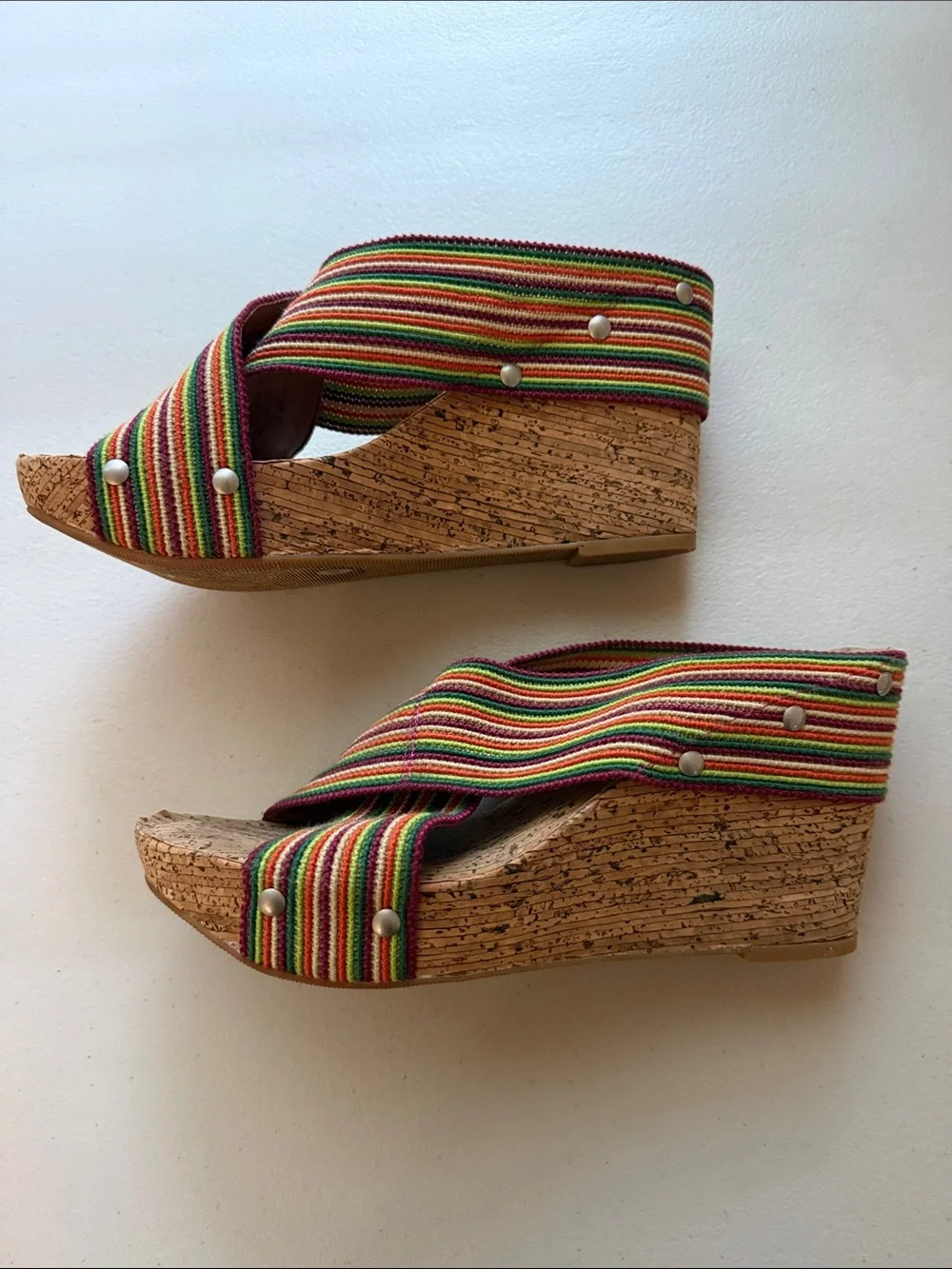Lucky Brand Multicolor Striped Wedge Sandals with Pink Trim